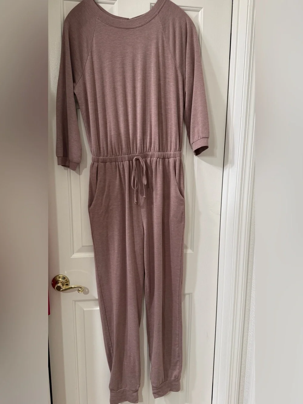 Bebop Dusty Mauve Long Sleeve Jogger Jumpsuit with Drawstring Waist - Large